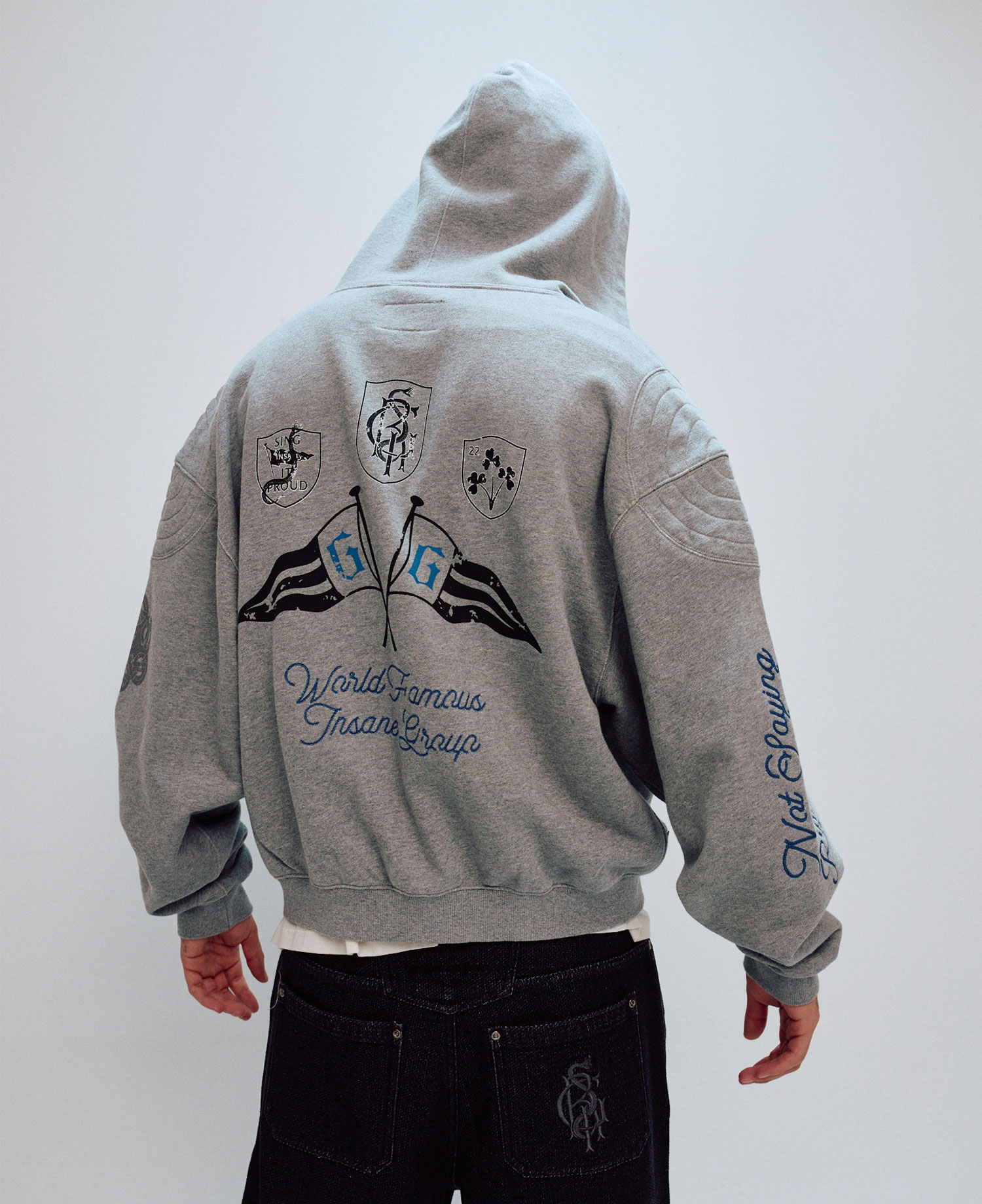 INSANE FLAG PADDED SHOULDER HOODIE_MELANGE GRAY