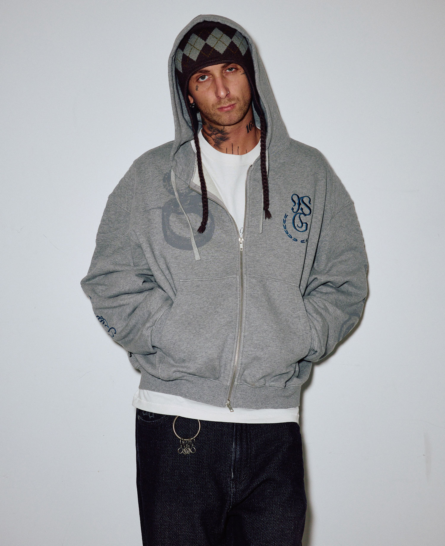 INSANE FLAG PADDED SHOULDER HOODIE_MELANGE GRAY