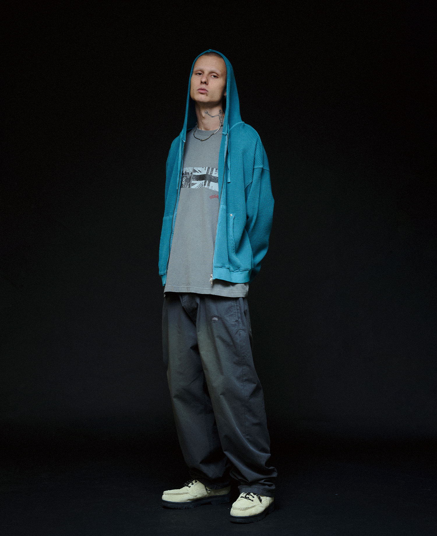 INSANE WASHED WAFFLE HOODIE_TEAL