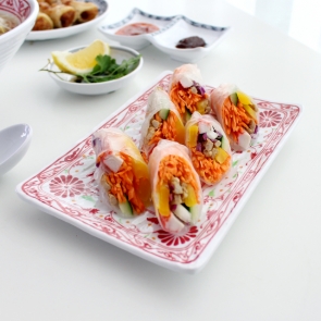 홍민들레 돌무늬직사각 그릇 접시 베트남 쌀국수 멜라민