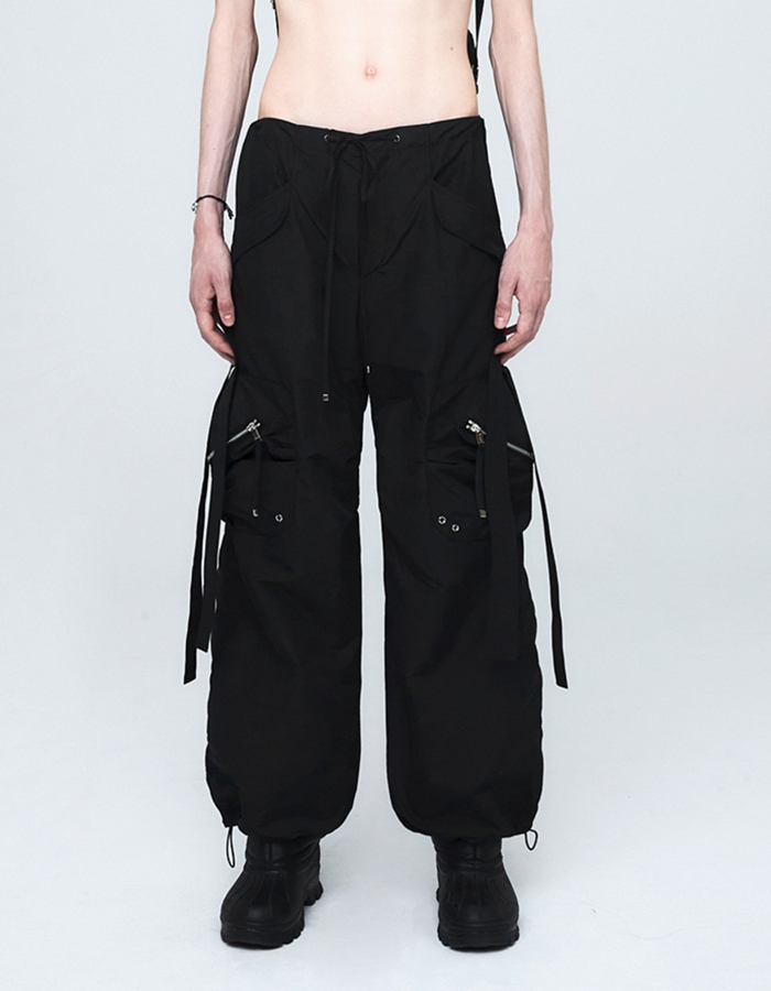 NACHE CONVEX TIE CARGO PANTS (UNISEX) BLACK