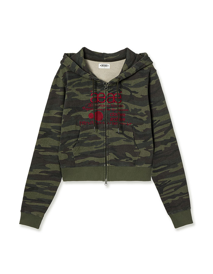 [AEAE] WEB LOGO CROP HOOD ZIP UP [CAMO GREEN]