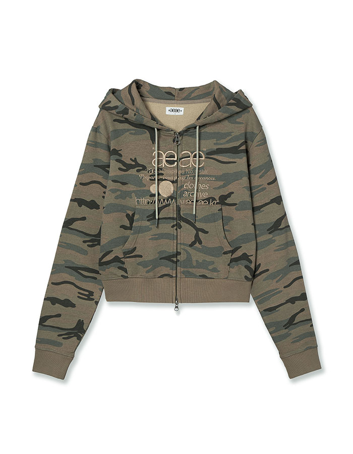 [AEAE] WEB LOGO CROP HOOD ZIP UP [CAMO BEIGE]