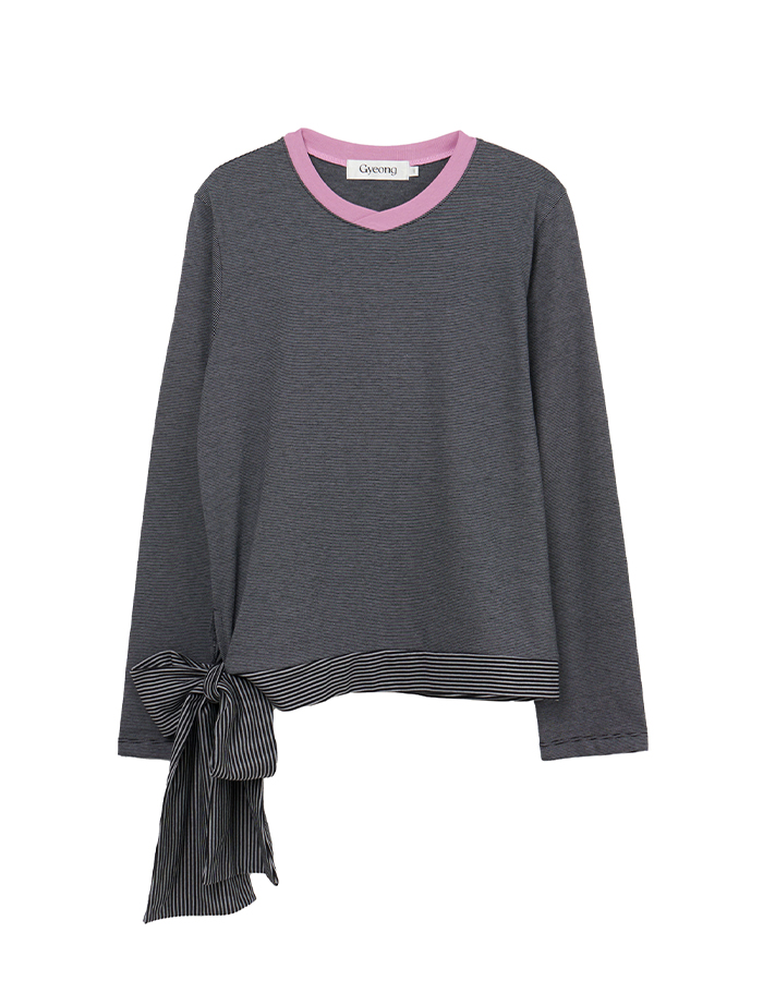 GYEONG Tie Striped Long Sleeve Tee_Gray & Black