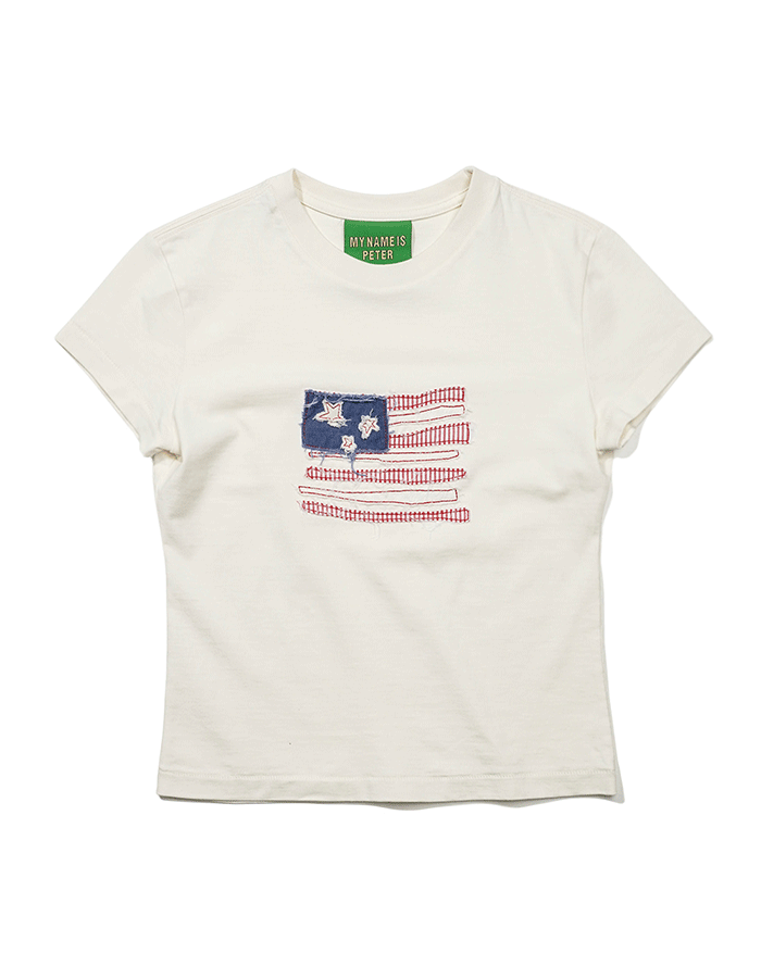 MY NAME IS PETER (W) USA FLAG APPLIQUE T-SHIRTS - WHITE