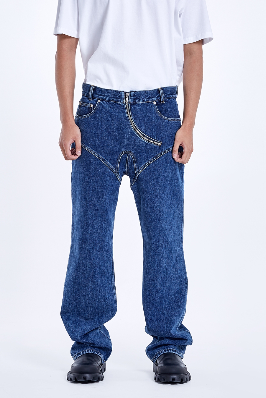 Curved zipper denim pants - Deep blue