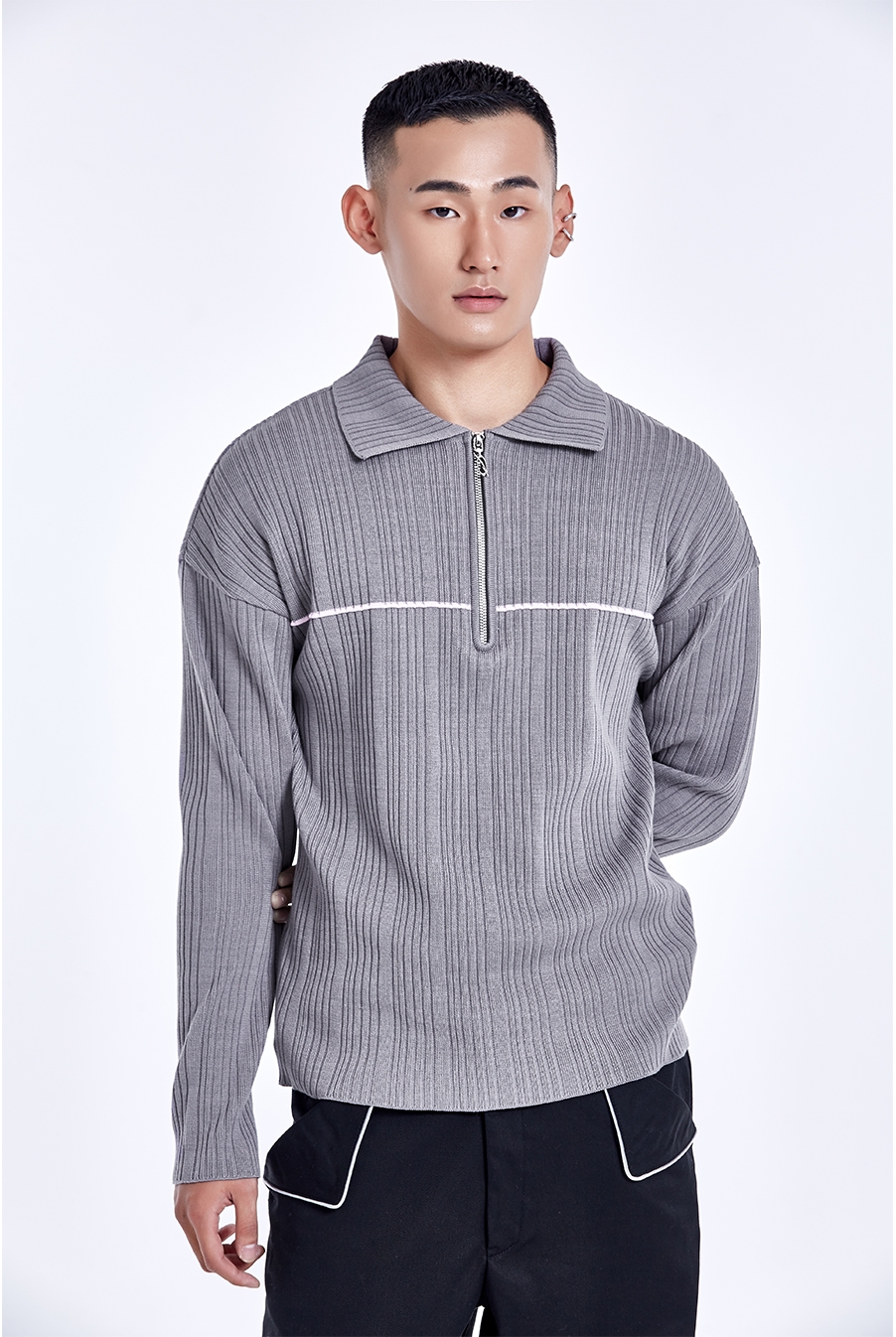 Half zip-up collar knit - Metal grey