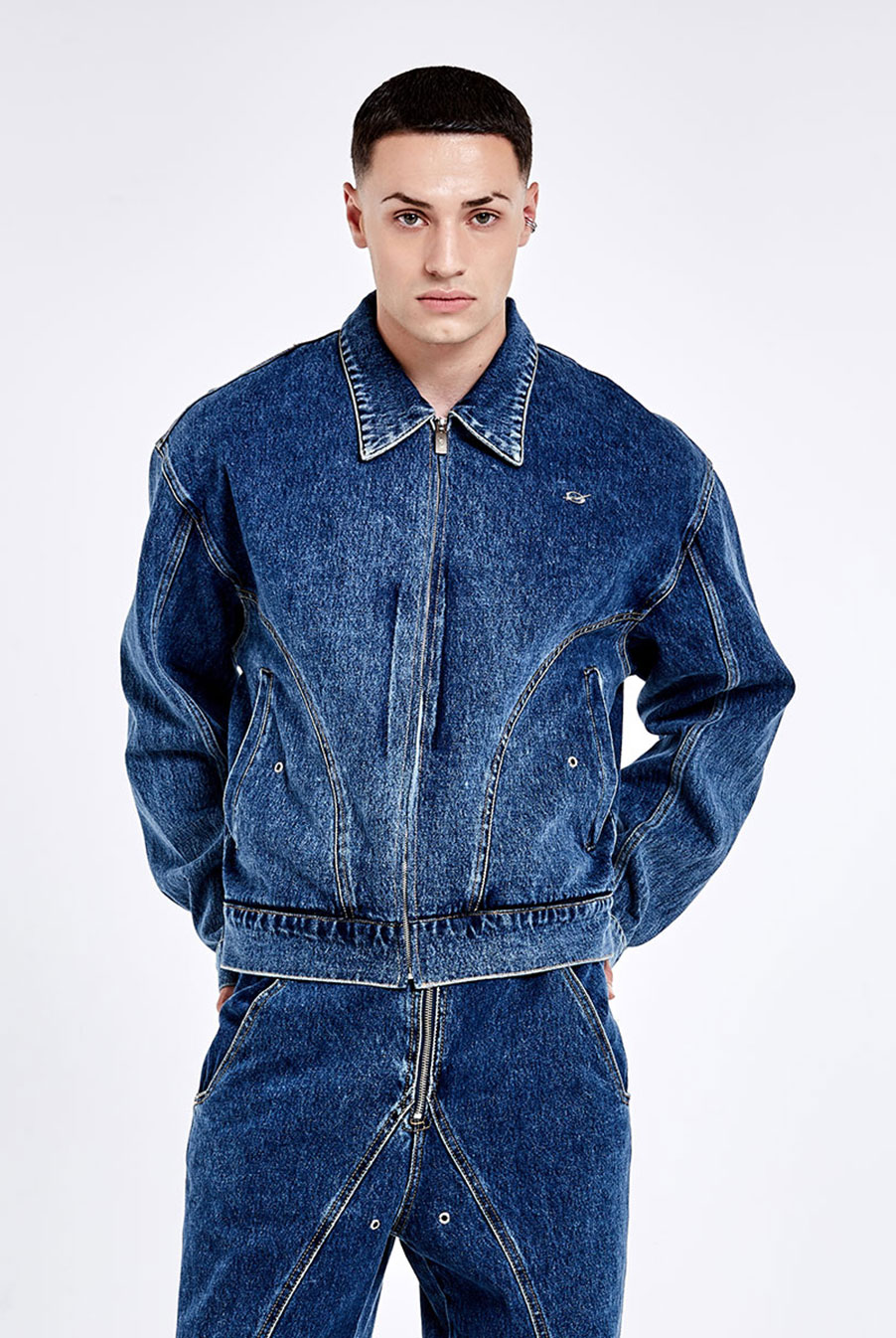 Bulky zipper denim Jacket - Deep blue