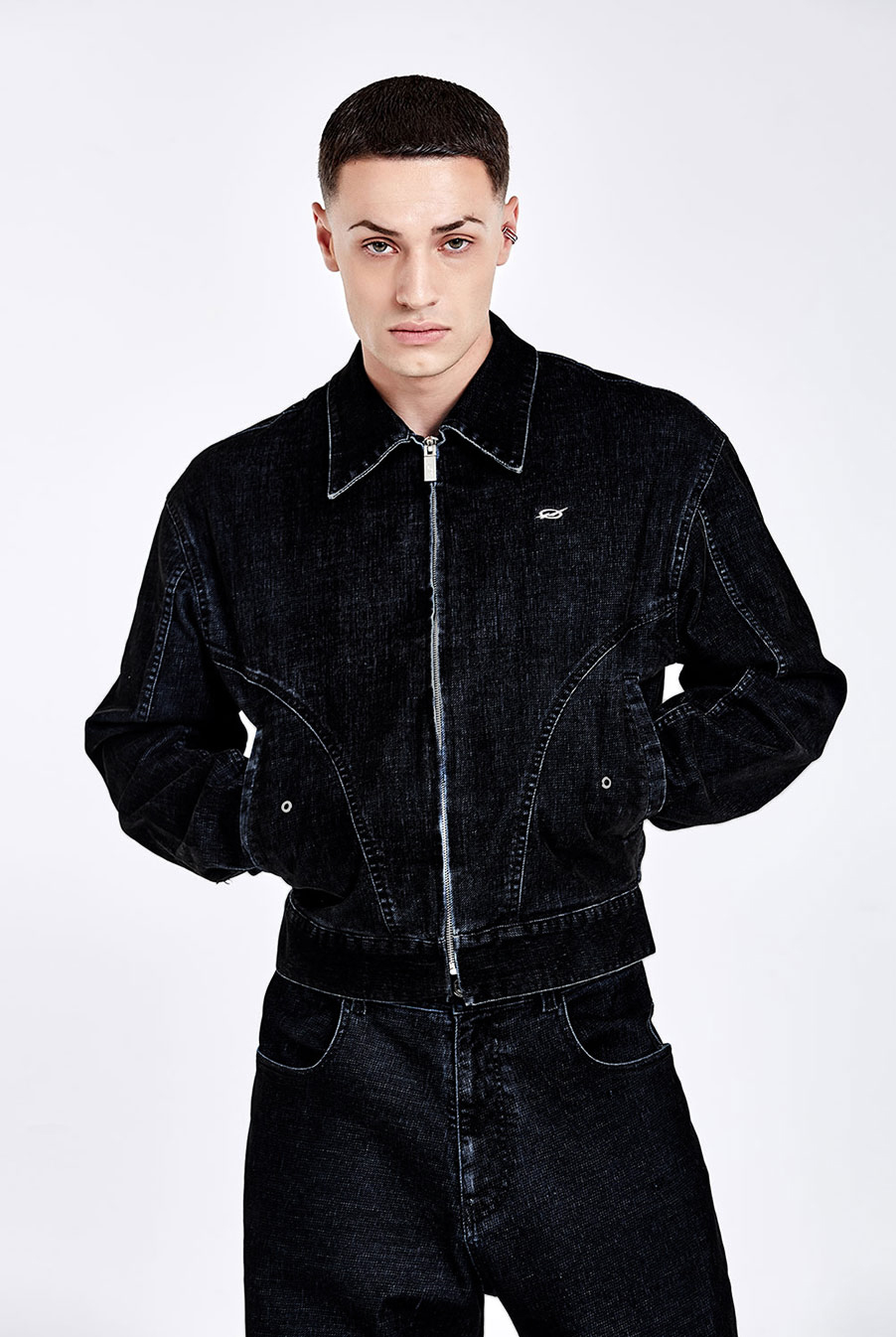 Bulky zipper denim Jacket - Velvet Black