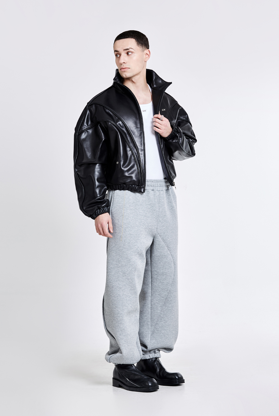 Bulky Line Leather Track Jacket - black