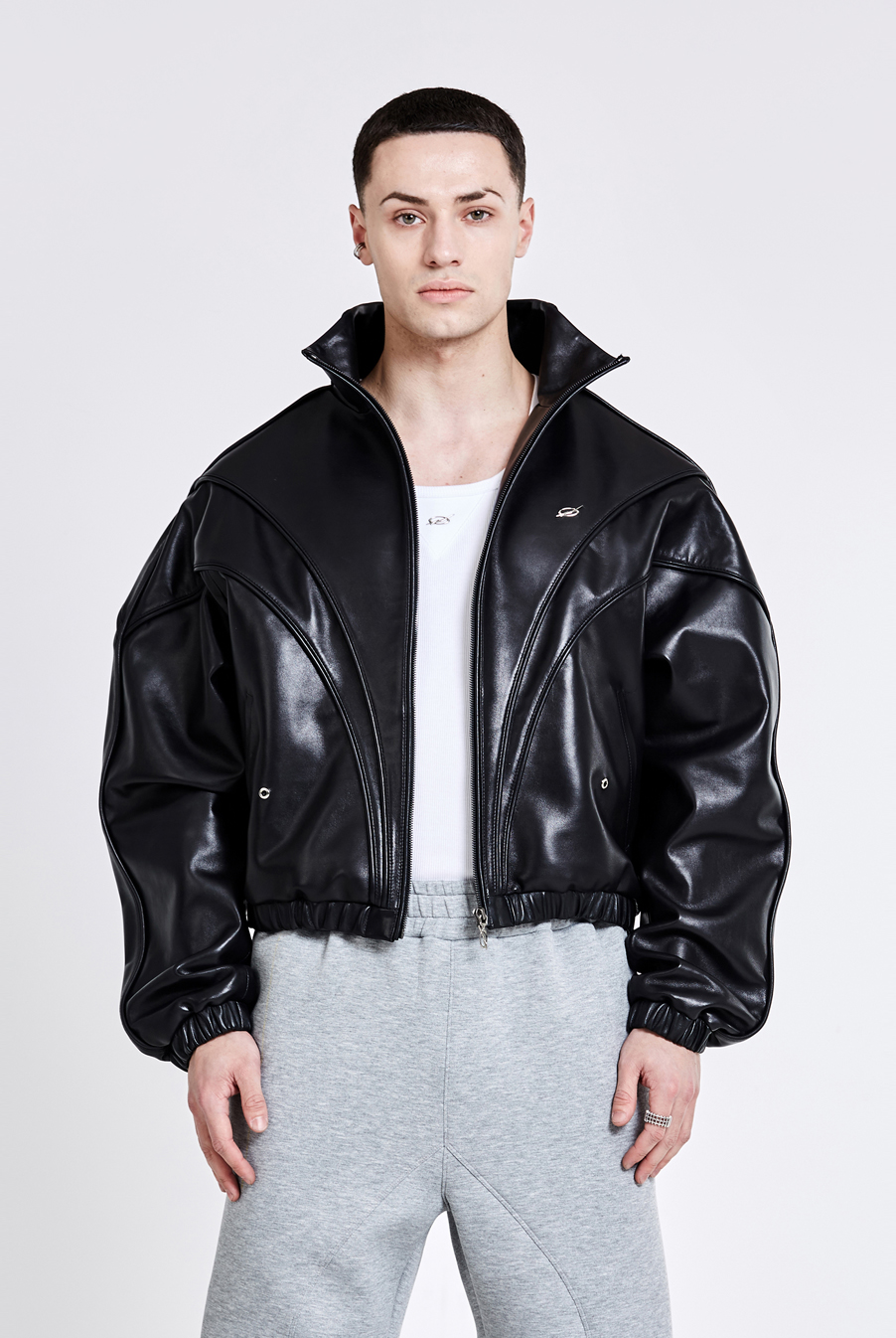 Bulky Line Leather Track Jacket - black