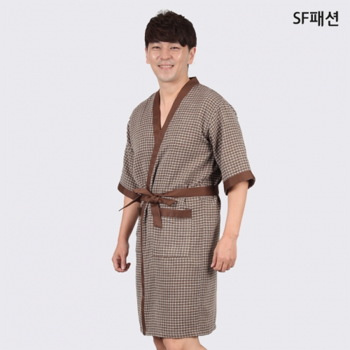 체크무늬 니트조직 사우나가운