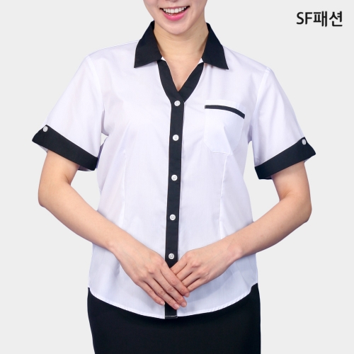 여성 브이넥 카라 반팔 셔츠 유니폼 급식소 식품 공장 와이셔츠