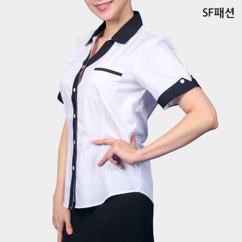 여성 브이넥 카라 반팔 셔츠 유니폼 급식소 식품 공장 와이셔츠