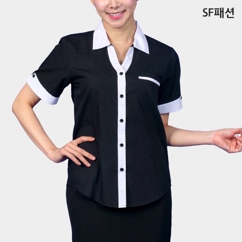 여성 브이넥 카라 반팔 셔츠 유니폼 급식소 식품 공장 와이셔츠
