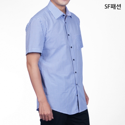 슬림핏 블루체크 반팔 셔츠 유니폼 와이셔츠