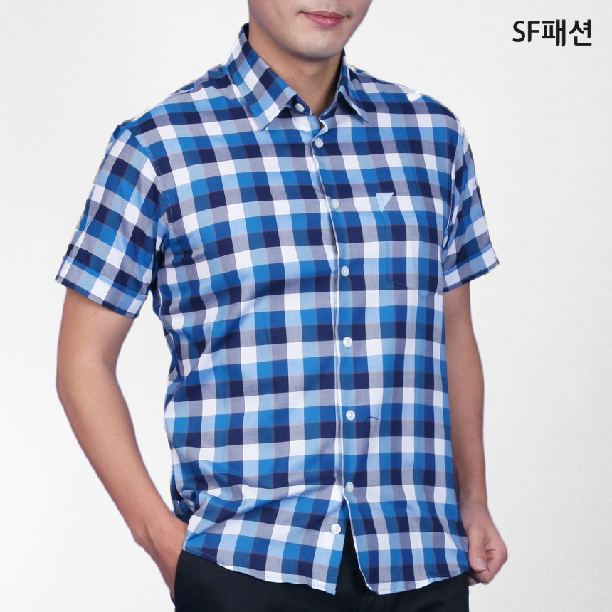 슬림핏 블루톤체크 반팔 셔츠 유니폼 와이셔츠