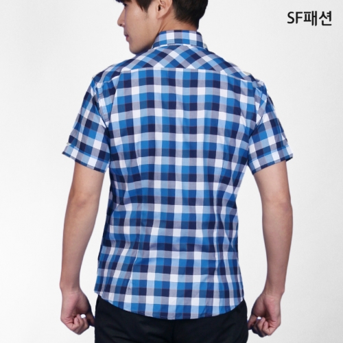 슬림핏 블루톤체크 반팔 셔츠 유니폼 와이셔츠