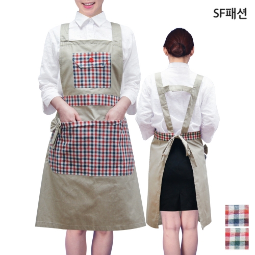 리본 체크주머니 H형 앞치마 유니폼 집들이 식당 서빙 가정 카페