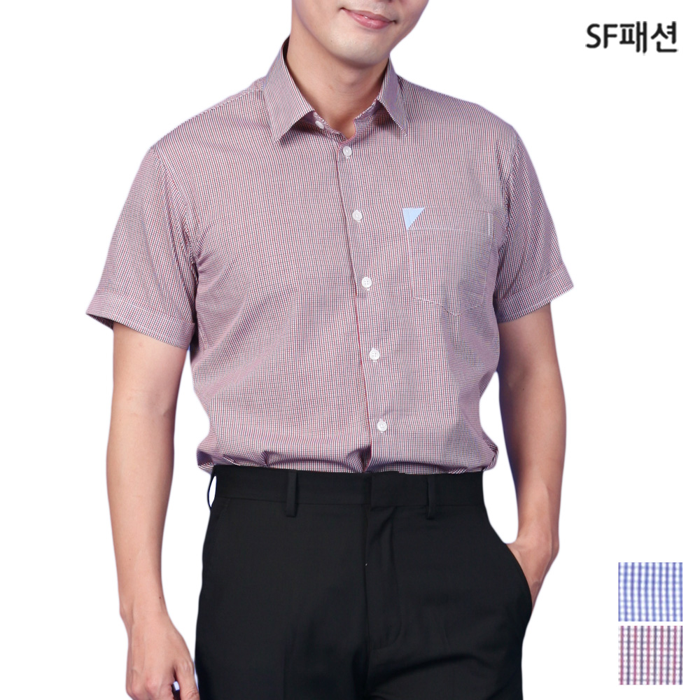 남성 블루 자주 체크무늬 반팔 셔츠 여름 남방 와이셔츠 데일리 유니폼