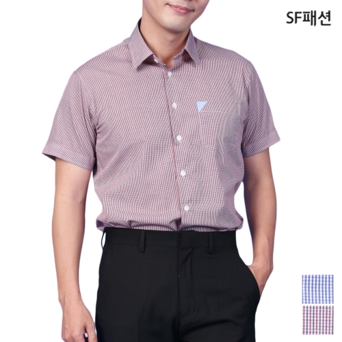 남성 블루 자주 체크무늬 반팔 셔츠 여름 남방 와이셔츠 데일리 유니폼