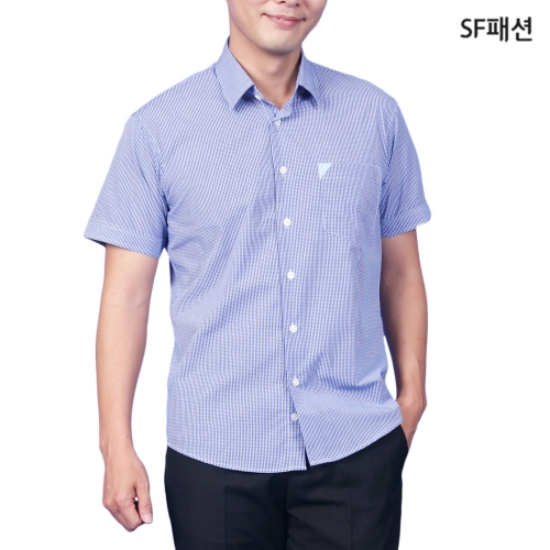 남성 블루 자주 체크무늬 반팔 셔츠 여름 남방 와이셔츠 데일리 유니폼