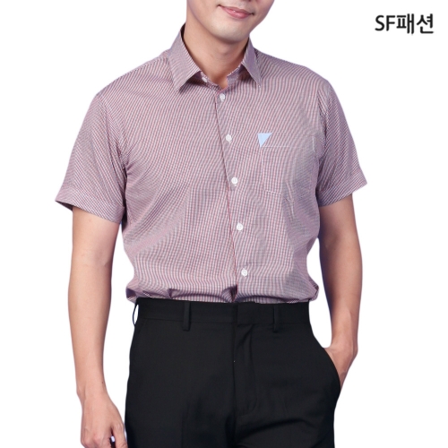 남성 블루 자주 체크무늬 반팔 셔츠 여름 남방 와이셔츠 데일리 유니폼