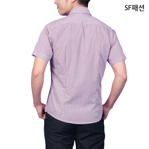 남성 블루 자주 체크무늬 반팔 셔츠 여름 남방 와이셔츠 데일리 유니폼