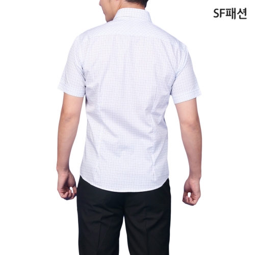 남성 흰색 체크무늬 슬림핏 반팔 셔츠 여름 남방 와이셔츠 데일리 유니폼