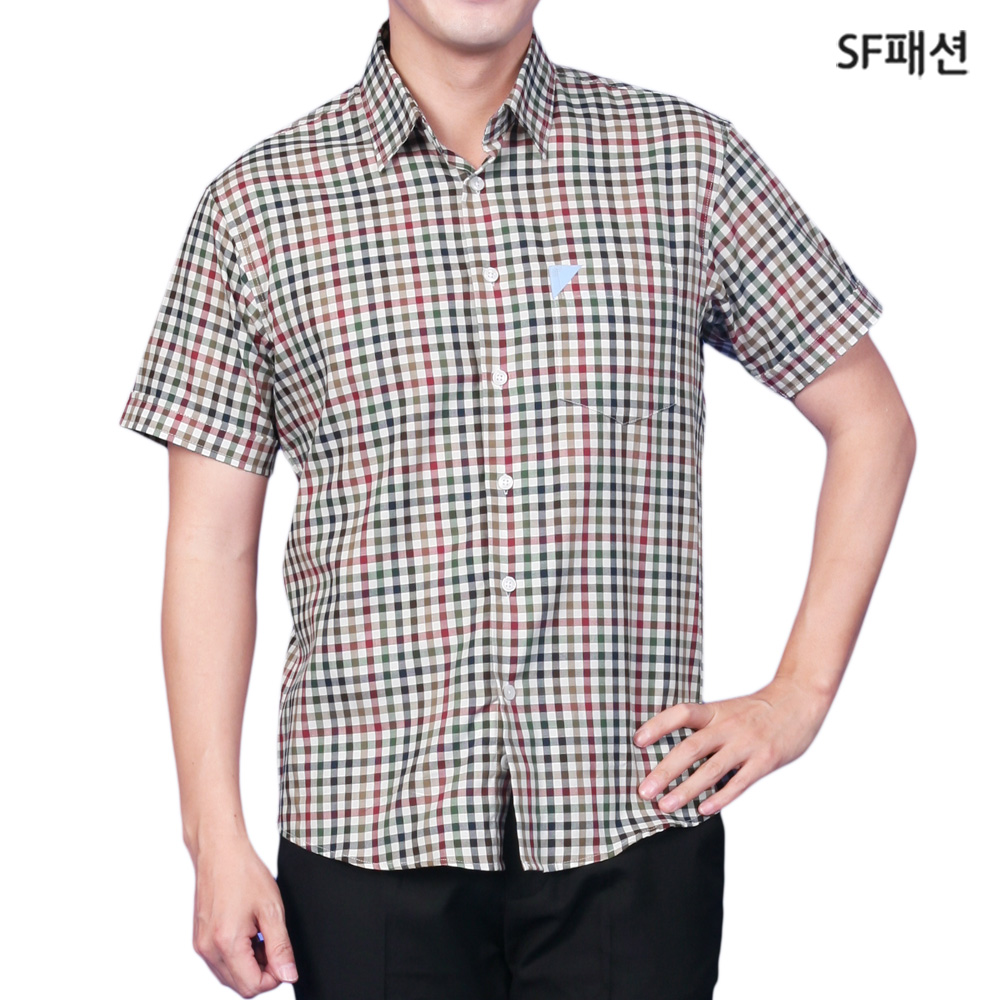 남성 카키자주 체크무늬 슬림핏 반팔 셔츠 여름 남방 와이셔츠 데일리 유니폼