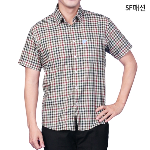 남성 카키자주 체크무늬 슬림핏 반팔 셔츠 여름 남방 와이셔츠 데일리 유니폼