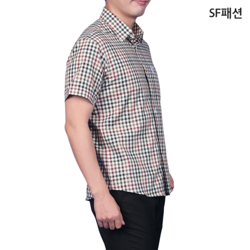 남성 카키자주 체크무늬 슬림핏 반팔 셔츠 여름 남방 와이셔츠 데일리 유니폼