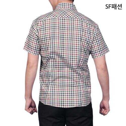 남성 카키자주 체크무늬 슬림핏 반팔 셔츠 여름 남방 와이셔츠 데일리 유니폼