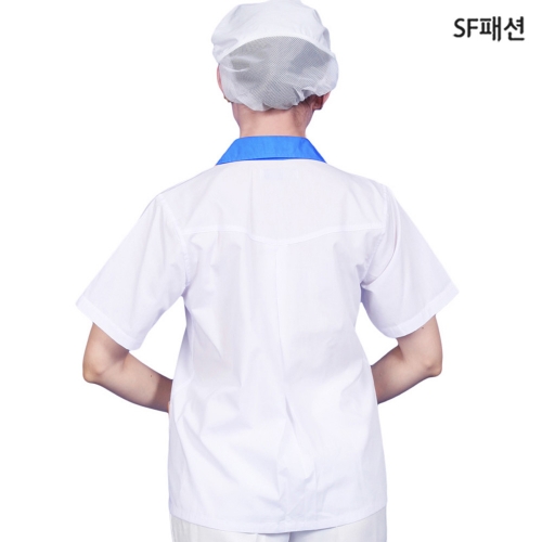 여성용 블루카라 얇은 반팔 위생복 상의 흰색 자켓