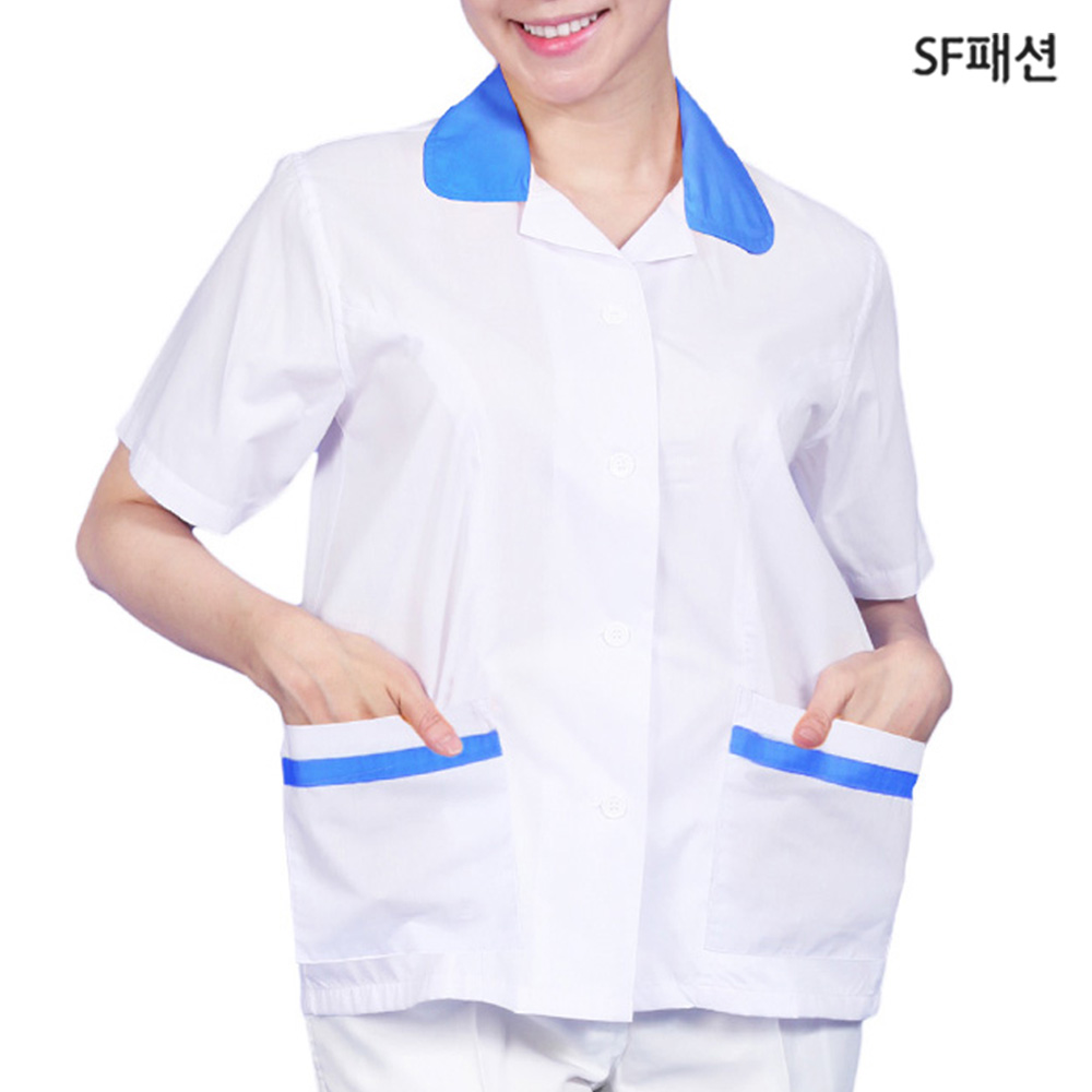 여성용 블루카라 얇은 반팔 위생복 상의 흰색 자켓