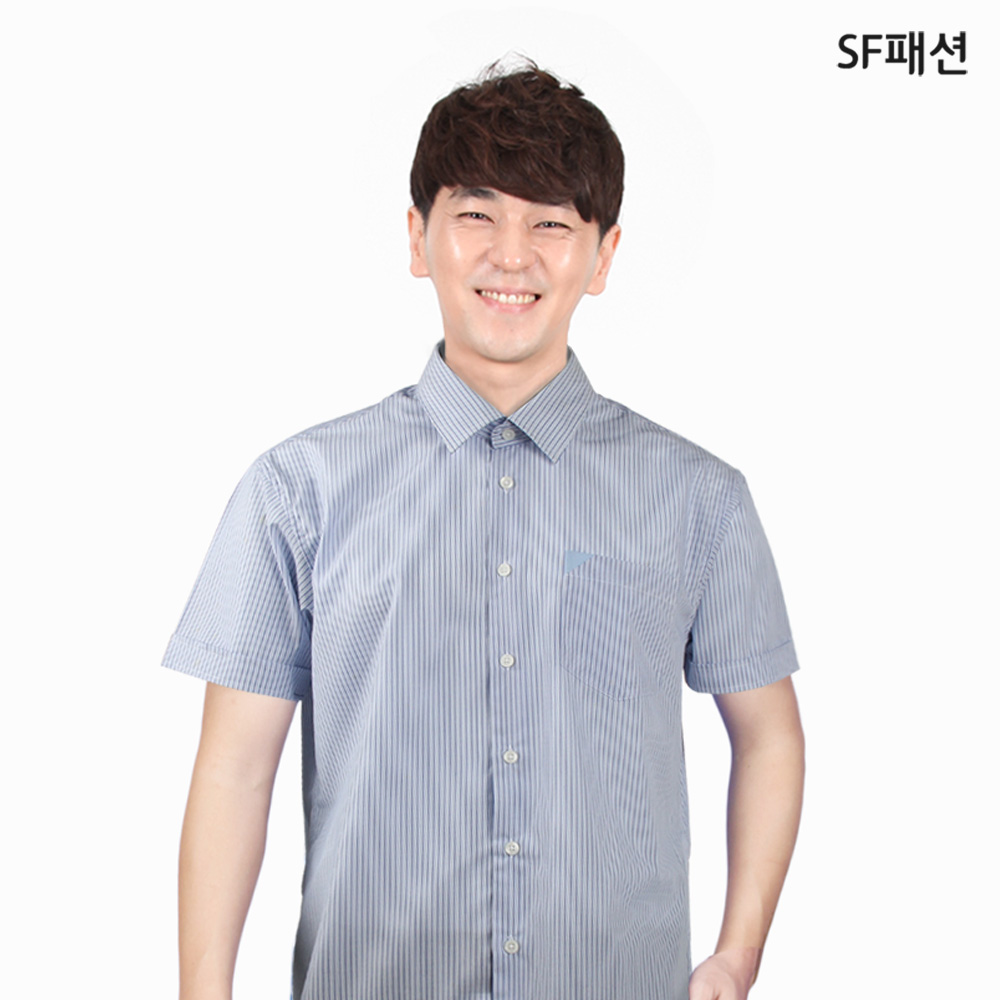 남성 블루 스트라이프 반팔 셔츠 여름 남방 와이셔츠 데일리 유니폼