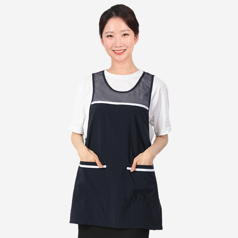 얇은 경량 망사 원피스형 앞치마 네이비 단체 로고