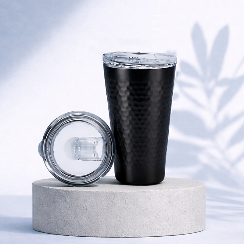 (홈아트)이중 진공텀블러 벌집스텐컵 350ml-블랙 (뚜껑포함)