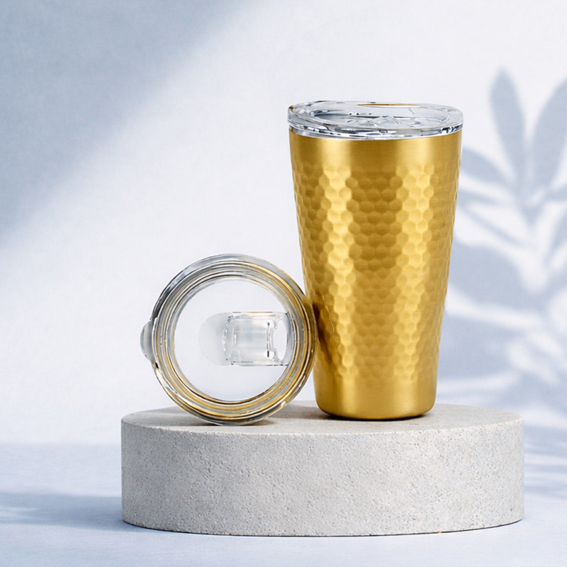 (홈아트) 이중진공 텀블러(벌집)스텐컵 430ml-골드 (뚜껑포함)