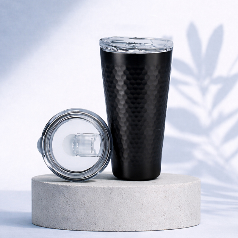 (홈아트)이중 진공텀블러 벌집스텐컵 430ml-블랙 (뚜껑포함)
