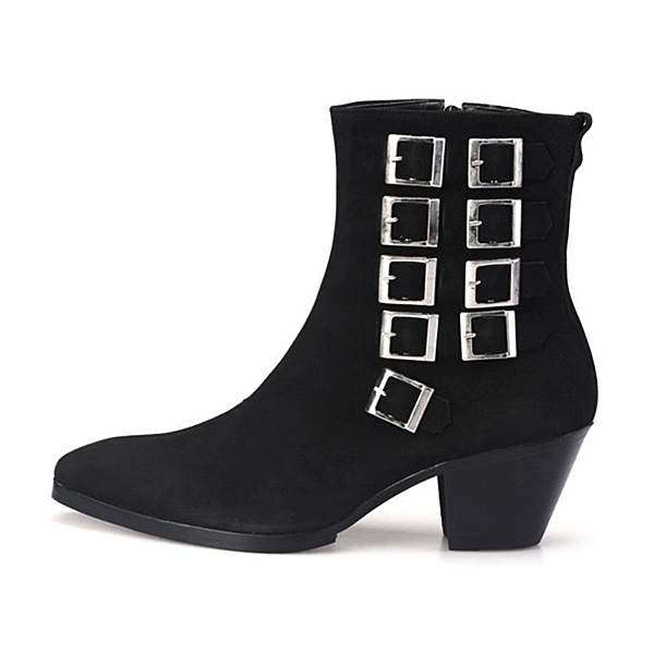 For men, 5082 cowhide black suede leather, inward zipper, 7cm high-heel, multi buckle, handmade western ankle boots