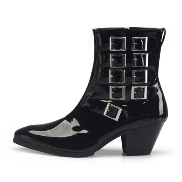 For men, 5082 cowhide black glossy leather, inward zipper, 7cm high-heel, multi buckle, handmade western ankle boots