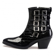 For men, 5082 black snake leather pattern cowhide, inward zipper, 7cm high-heel, multi buckle. handmade western ankle boots