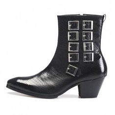 For men, 5082 black anaconda leather pattern cowhide, inward zipper, 7cm high-heel, multi buckle, handmade  western ankle boots