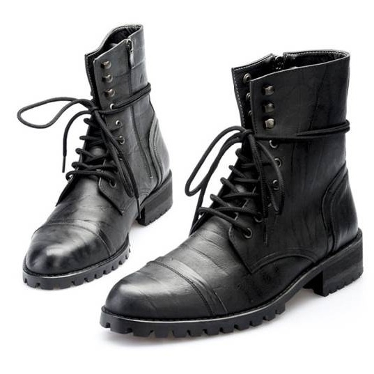 For men, 5024 black elephant leather pattern cowhide, inward zipper, straight toe, lace-up, handmade combat ankle boots