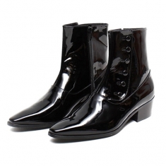 For men, 0028-33 cowhide black glossy leather, inward zipper, six button, handmade western ankle boots