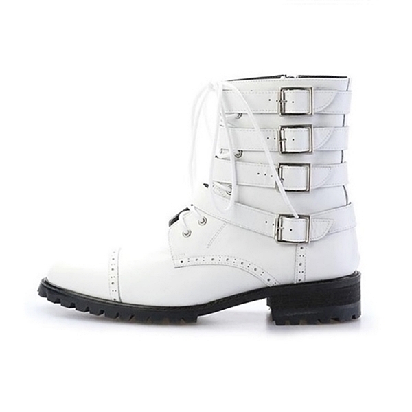 For men, 5051 cowhide box kip white leather, inward zipper, 4 buckle, straight toe, lace-up, handmade combat ankle boots