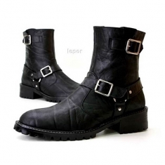 For men, 4809 black elephant leather pattern cowhide, inward zipper, plain toe, handmade engineer cmobat ankle boots