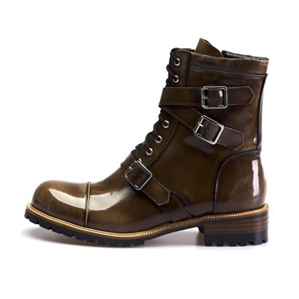 For men, 10332 cowhide brown glossy, inward zipper, triple strap buckled, straight toe, lace up, handmade combat ankle boots