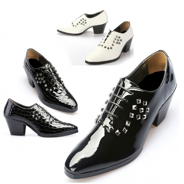 For men, 5072 cowhide leather, 7cm high-heel, stud, lace-up, handmade western oxford shoes, 3 types